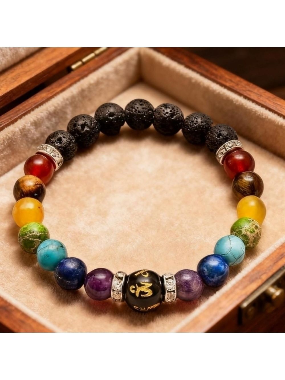 Colorful Natural Stone Anxiety Relief Bracelets Volcanic Stone Double Rainbow
